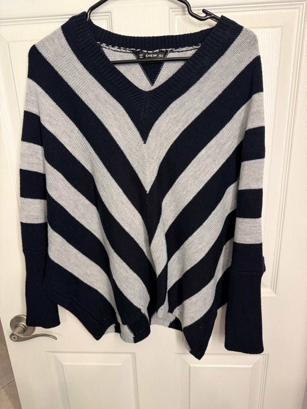 SHEIN Black and Light Gray Striped V-Neck Sweater